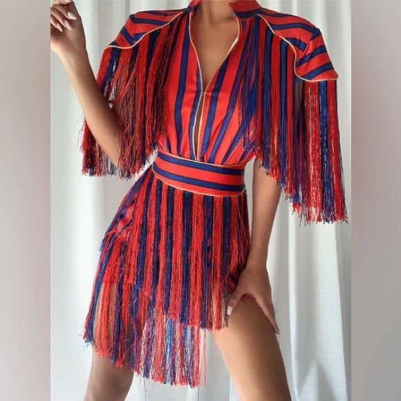 ZCrave GRAND Mini Dress | Red & Blue Fringe Statement Dress | Size Large FUN - Picture 3 of 9
